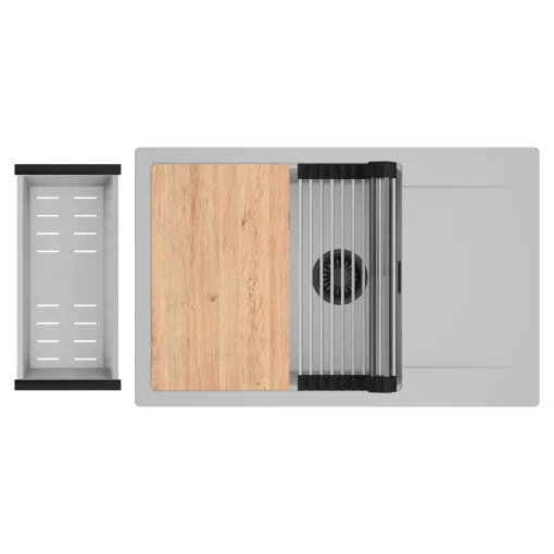 HD Onyx Grey 78-XL egymedencés gránit mosogatótálca szett, csepegtetőtálcával, vágódeszkával, acél csepegtetőráccsal és kosárral, alpesi szürke színben, matt fekete leeresztő szifonnal