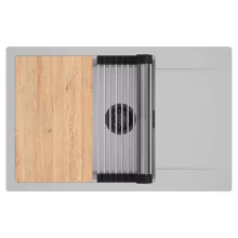 HD Onyx Grey 78-XL egymedencés gránit mosogatótálca szett, csepegtetőtálcával, vágódeszkával, acél csepegtetőráccsal, alpesi szürke színben, matt fekete leeresztő szifonnal