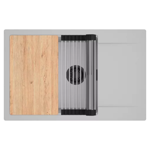 HD Onyx Grey 78-XL egymedencés gránit mosogatótálca szett, csepegtetőtálcával, vágódeszkával, acél csepegtetőráccsal, alpesi szürke színben, matt fekete leeresztő szifonnal