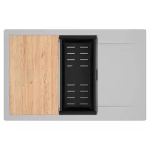 HD Onyx Grey 78-XL egymedencés gránit mosogatótálca szett, csepegtetőtálcával, vágódeszkával, matt fekete csepegtetőkosárral, alpesi szürke színben, matt fekete leeresztő szifonnal