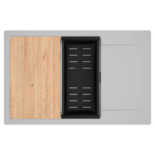 HD Onyx Grey 78-XL egymedencés gránit mosogatótálca szett, csepegtetőtálcával, vágódeszkával, matt fekete csepegtetőkosárral, alpesi szürke színben, matt fekete leeresztő szifonnal