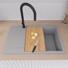 HD Onyx Grey 78-XL egymedencés gránit mosogatótálca szett, csepegtetőtálcával, vágódeszkával, matt fekete csepegtetőkosárral, alpesi szürke színben, matt fekete leeresztő szifonnal