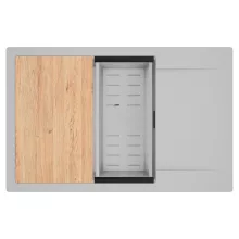 HD Onyx Grey 78-XL egymedencés gránit mosogatótálca szett, csepegtetőtálcával, vágódeszkával, acél csepegtetőkosárral, alpesi szürke színben, matt fekete leeresztő szifonnal