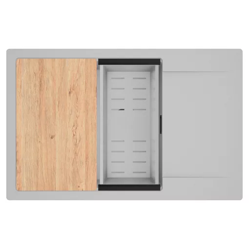 HD Onyx Grey 78-XL egymedencés gránit mosogatótálca szett, csepegtetőtálcával, vágódeszkával, acél csepegtetőkosárral, alpesi szürke színben, matt fekete leeresztő szifonnal