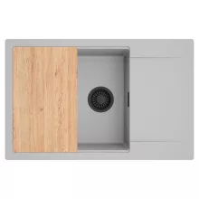 HD Onyx Grey 78-XL egymedencés gránit mosogatótálca, vágódeszkával, alpesi szürke színben, matt fekete leeresztő szifonnal