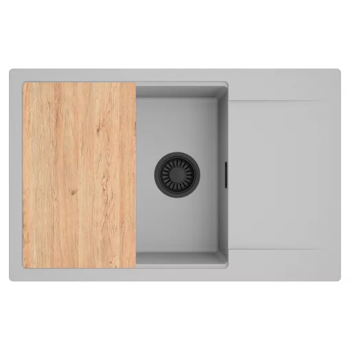HD Onyx Grey 78-XL egymedencés gránit mosogatótálca, vágódeszkával, alpesi szürke színben, matt fekete leeresztő szifonnal
