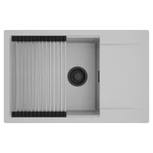 HD Onyx Grey 78-XL egymedencés mosogatótálca szett, acél csepegtetőráccsal, csepegtetőtálcával, alpesi szürke színben, matt fekete leeresztő szifonnal