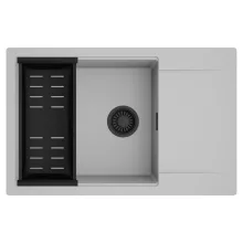 HD Onyx Grey 78-XL egymedencés mosogatótálca szett, matt fekete csepegtetőkosárral, csepegtetőtálcával, alpesi szürke színben, matt fekete leeresztő szifonnal