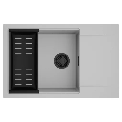 HD Onyx Grey 78-XL egymedencés mosogatótálca szett, matt fekete csepegtetőkosárral, csepegtetőtálcával, alpesi szürke színben, matt fekete leeresztő szifonnal