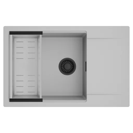 HD Onyx Grey 78-XL egymedencés mosogatótálca szett, acél csepegtetőkosárral, csepegtetőtálcával, alpesi szürke színben, matt fekete leeresztő szifonnal