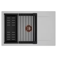 HD Onyx Grey 78-XL egymedencés mosogatótálca szett, matt fekete csepegtetőráccsal és kosárral, csepegtetőtálcával, alpesi szürke színben, szálcsiszolt réz leeresztő szifonnal