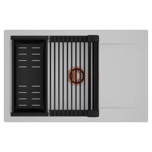 HD Onyx Grey 78-XL egymedencés mosogatótálca szett, matt fekete csepegtetőráccsal és kosárral, csepegtetőtálcával, alpesi szürke színben, szálcsiszolt réz leeresztő szifonnal