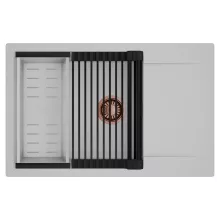 HD Onyx Grey 78-XL egymedencés mosogatótálca szett, matt fekete csepegtetőráccsal és krómozott kosárral, csepegtetőtálcával, alpesi szürke színben, szálcsiszolt réz leeresztő szifonnal