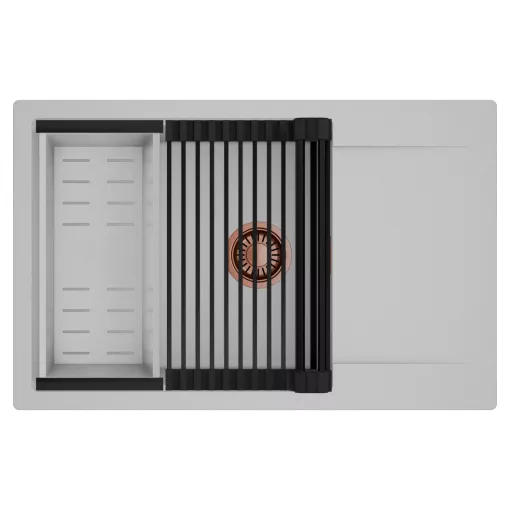 HD Onyx Grey 78-XL egymedencés mosogatótálca szett, matt fekete csepegtetőráccsal és krómozott kosárral, csepegtetőtálcával, alpesi szürke színben, szálcsiszolt réz leeresztő szifonnal