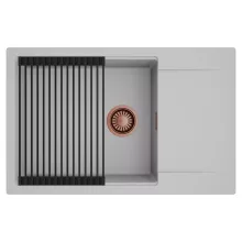 HD Onyx Grey 78-XL egymedencés mosogatótálca szett, matt fekete csepegtetőráccsal, csepegtetőtálcával, alpesi szürke színben, szálcsiszolt réz leeresztő szifonnal