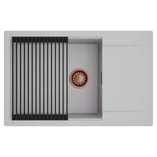 HD Onyx Grey 78-XL egymedencés mosogatótálca szett, matt fekete csepegtetőráccsal, csepegtetőtálcával, alpesi szürke színben, szálcsiszolt réz leeresztő szifonnal