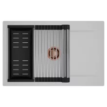 HD Onyx Grey 78-XL egymedencés mosogatótálca szett, acél csepegtetőráccsal és matt fekete kosárral, csepegtetőtálcával, alpesi szürke színben, szálcsiszolt réz leeresztő szifonnal