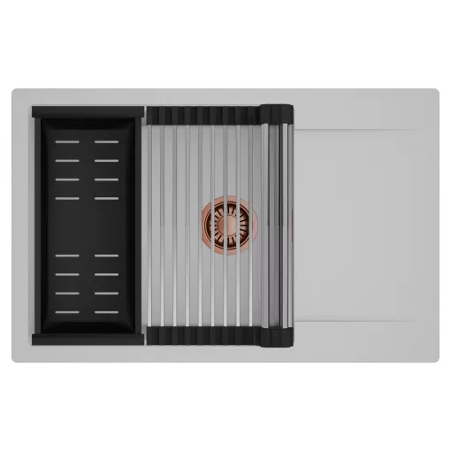 HD Onyx Grey 78-XL egymedencés mosogatótálca szett, acél csepegtetőráccsal és matt fekete kosárral, csepegtetőtálcával, alpesi szürke színben, szálcsiszolt réz leeresztő szifonnal