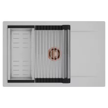 HD Onyx Grey 78-XL egymedencés mosogatótálca szett, acél csepegtetőráccsal és kosárral, csepegtetőtálcával, alpesi szürke színben, szálcsiszolt réz leeresztő szifonnal