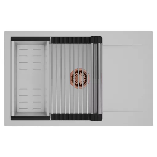 HD Onyx Grey 78-XL egymedencés mosogatótálca szett, acél csepegtetőráccsal és kosárral, csepegtetőtálcával, alpesi szürke színben, szálcsiszolt réz leeresztő szifonnal