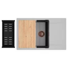 HD Onyx Grey 78-XL egymedencés gránit mosogatótálca szett, csepegtetőtálcával, vágódeszkával, matt fekete csepegtetőráccsal és kosárral, alpesi szürke színben, szálcsiszolt réz leeresztő szifonnal