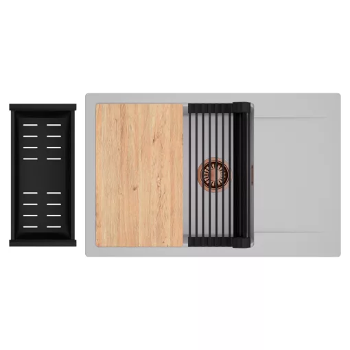 HD Onyx Grey 78-XL egymedencés gránit mosogatótálca szett, csepegtetőtálcával, vágódeszkával, matt fekete csepegtetőráccsal és kosárral, alpesi szürke színben, szálcsiszolt réz leeresztő szifonnal