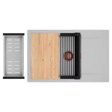 HD Onyx Grey 78-XL egymedencés gránit mosogatótálca szett, csepegtetőtálcával, vágódeszkával, matt fekete csepegtetőráccsal és krómozott kosárral, alpesi szürke színben, szálcsiszolt réz leeresztő szifonnal