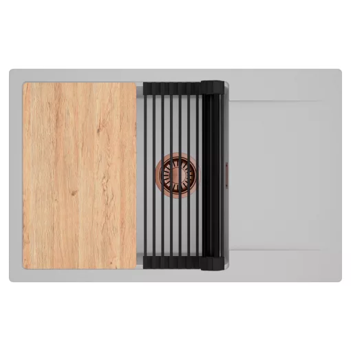 HD Onyx Grey 78-XL egymedencés gránit mosogatótálca szett, csepegtetőtálcával, vágódeszkával, matt fekete csepegtetőráccsal, alpesi szürke színben, szálcsiszolt réz leeresztő szifonnal