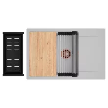 HD Onyx Grey 78-XL egymedencés gránit mosogatótálca szett, csepegtetőtálcával, vágódeszkával, acél csepegtetőráccsal és matt fekete kosárral, alpesi szürke színben, szálcsiszolt réz leeresztő szifonnal