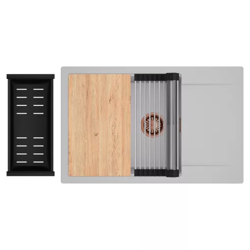 HD Onyx Grey 78-XL egymedencés gránit mosogatótálca szett, csepegtetőtálcával, vágódeszkával, acél csepegtetőráccsal és matt fekete kosárral, alpesi szürke színben, szálcsiszolt réz leeresztő szifonnal