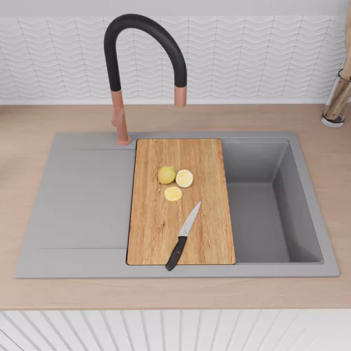 HD Onyx Grey 78-XL egymedencés gránit mosogatótálca szett, csepegtetőtálcával, vágódeszkával, acél csepegtetőráccsal és matt fekete kosárral, alpesi szürke színben, szálcsiszolt réz leeresztő szifonnal