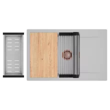 HD Onyx Grey 78-XL egymedencés gránit mosogatótálca szett, csepegtetőtálcával, vágódeszkával, acél csepegtetőráccsal és kosárral, alpesi szürke színben, szálcsiszolt réz leeresztő szifonnal