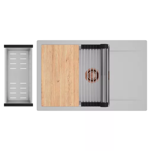 HD Onyx Grey 78-XL egymedencés gránit mosogatótálca szett, csepegtetőtálcával, vágódeszkával, acél csepegtetőráccsal és kosárral, alpesi szürke színben, szálcsiszolt réz leeresztő szifonnal