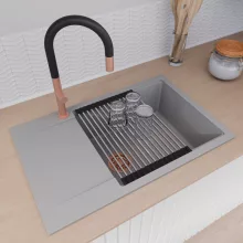 HD Onyx Grey 78-XL egymedencés gránit mosogatótálca szett, csepegtetőtálcával, vágódeszkával, acél csepegtetőráccsal és kosárral, alpesi szürke színben, szálcsiszolt réz leeresztő szifonnal