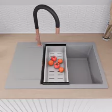 HD Onyx Grey 78-XL egymedencés gránit mosogatótálca szett, csepegtetőtálcával, vágódeszkával, acél csepegtetőráccsal és kosárral, alpesi szürke színben, szálcsiszolt réz leeresztő szifonnal