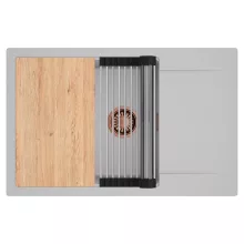 HD Onyx Grey 78-XL egymedencés gránit mosogatótálca szett, csepegtetőtálcával, vágódeszkával, acél csepegtetőráccsal, alpesi szürke színben, szálcsiszolt réz leeresztő szifonnal