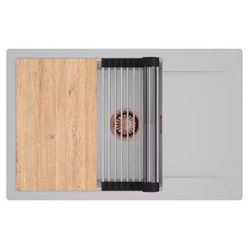 HD Onyx Grey 78-XL egymedencés gránit mosogatótálca szett, csepegtetőtálcával, vágódeszkával, acél csepegtetőráccsal, alpesi szürke színben, szálcsiszolt réz leeresztő szifonnal