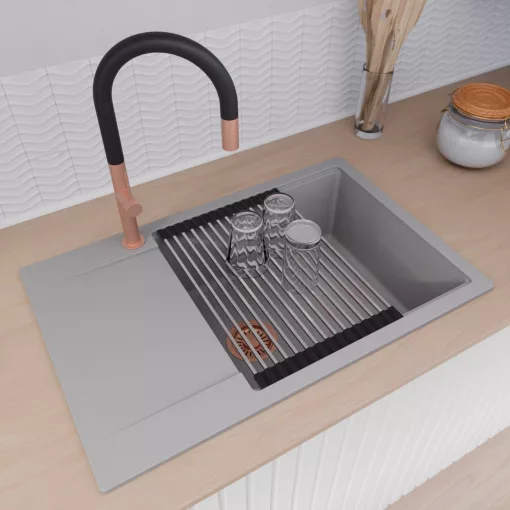 HD Onyx Grey 78-XL egymedencés gránit mosogatótálca szett, csepegtetőtálcával, vágódeszkával, acél csepegtetőráccsal, alpesi szürke színben, szálcsiszolt réz leeresztő szifonnal
