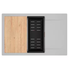 HD Onyx Grey 78-XL egymedencés gránit mosogatótálca szett, csepegtetőtálcával, vágódeszkával, matt fekete csepegtetőkosárral, alpesi szürke színben, szálcsiszolt réz leeresztő szifonnal