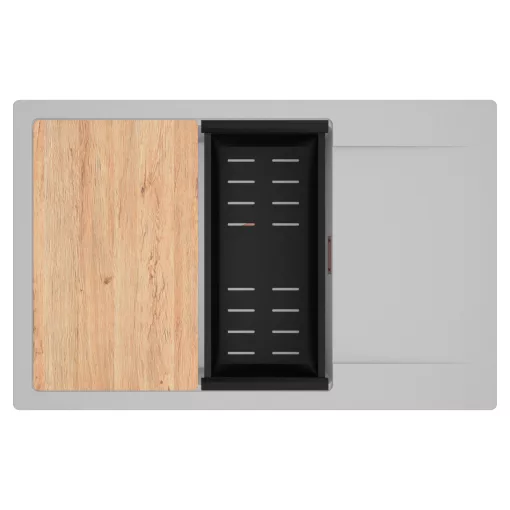 HD Onyx Grey 78-XL egymedencés gránit mosogatótálca szett, csepegtetőtálcával, vágódeszkával, matt fekete csepegtetőkosárral, alpesi szürke színben, szálcsiszolt réz leeresztő szifonnal