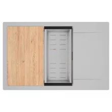 HD Onyx Grey 78-XL egymedencés gránit mosogatótálca szett, csepegtetőtálcával, vágódeszkával, acél csepegtetőkosárral, alpesi szürke színben, szálcsiszolt réz leeresztő szifonnal