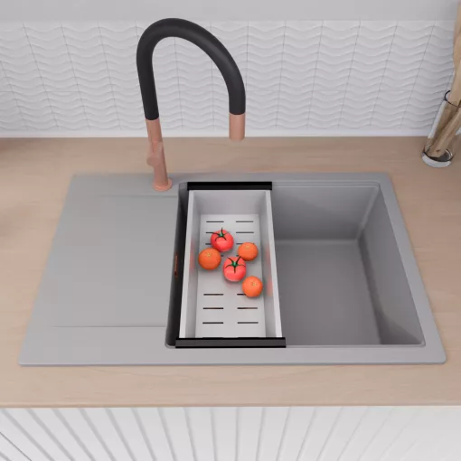 HD Onyx Grey 78-XL egymedencés gránit mosogatótálca szett, csepegtetőtálcával, vágódeszkával, acél csepegtetőkosárral, alpesi szürke színben, szálcsiszolt réz leeresztő szifonnal