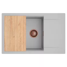 HD Onyx Grey 78-XL egymedencés gránit mosogatótálca, vágódeszkával, alpesi szürke színben, szálcsiszolt réz leeresztő szifonnal