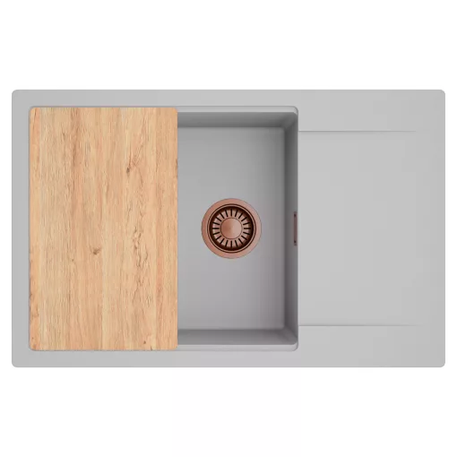 HD Onyx Grey 78-XL egymedencés gránit mosogatótálca, vágódeszkával, alpesi szürke színben, szálcsiszolt réz leeresztő szifonnal