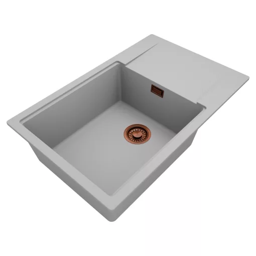 HD Onyx Grey 78-XL egymedencés gránit mosogatótálca, vágódeszkával, alpesi szürke színben, szálcsiszolt réz leeresztő szifonnal