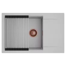 HD Onyx Grey 78-XL egymedencés mosogatótálca szett, acél csepegtetőráccsal, csepegtetőtálcával, alpesi szürke színben, szálcsiszolt réz leeresztő szifonnal