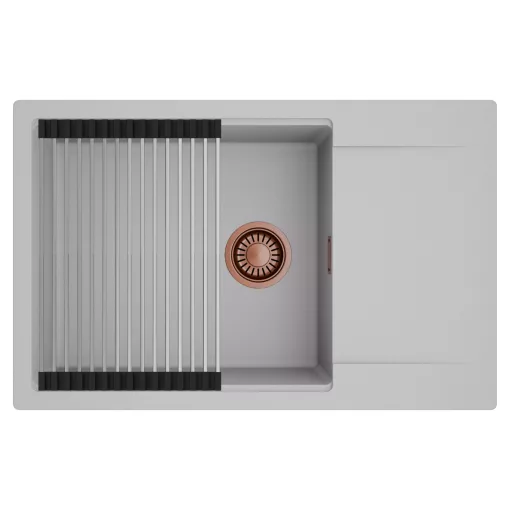 HD Onyx Grey 78-XL egymedencés mosogatótálca szett, acél csepegtetőráccsal, csepegtetőtálcával, alpesi szürke színben, szálcsiszolt réz leeresztő szifonnal