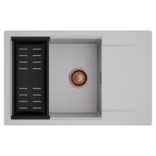 HD Onyx Grey 78-XL egymedencés mosogatótálca szett, matt fekete csepegtetőkosárral, csepegtetőtálcával, alpesi szürke színben, szálcsiszolt réz leeresztő szifonnal