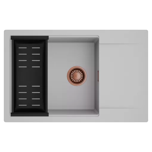HD Onyx Grey 78-XL egymedencés mosogatótálca szett, matt fekete csepegtetőkosárral, csepegtetőtálcával, alpesi szürke színben, szálcsiszolt réz leeresztő szifonnal
