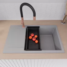 HD Onyx Grey 78-XL egymedencés mosogatótálca szett, matt fekete csepegtetőkosárral, csepegtetőtálcával, alpesi szürke színben, szálcsiszolt réz leeresztő szifonnal